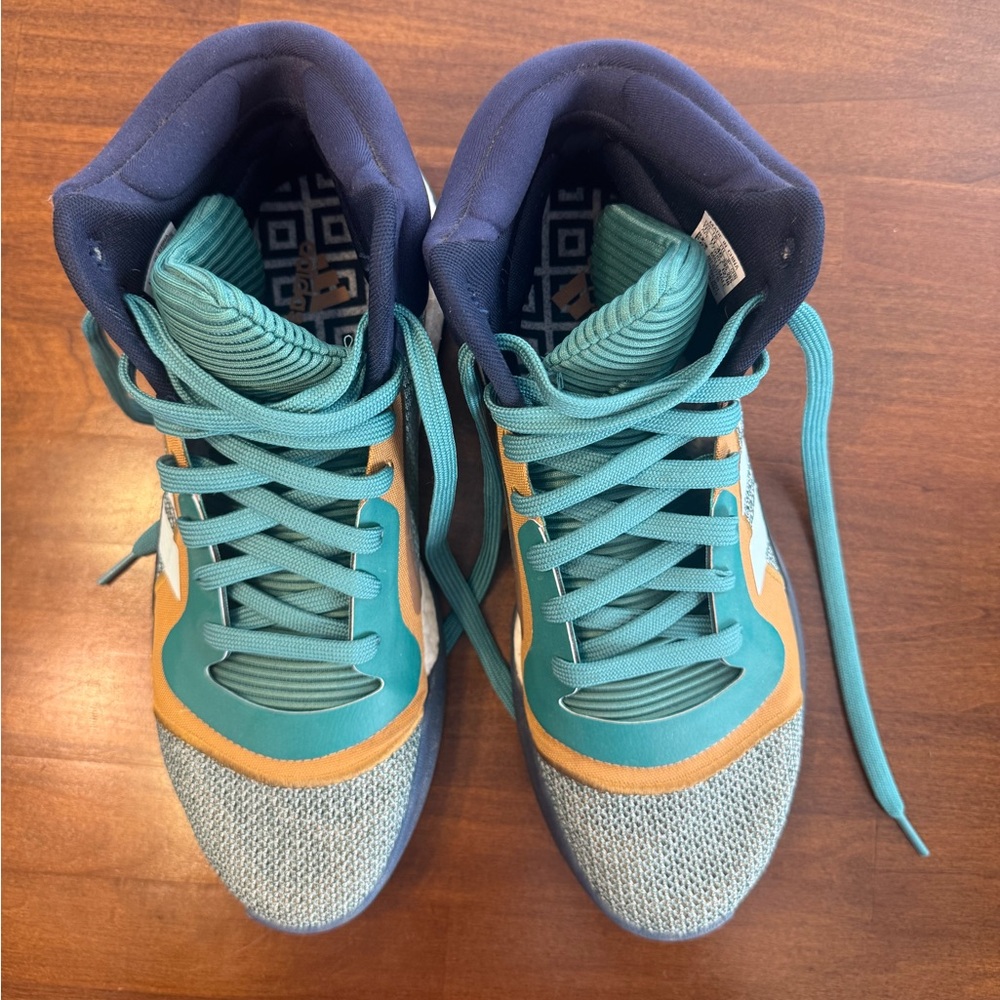 adidas Marquee Boost High Tops Blue Green and Tan Athletic Shoes - Picture 2 of 7